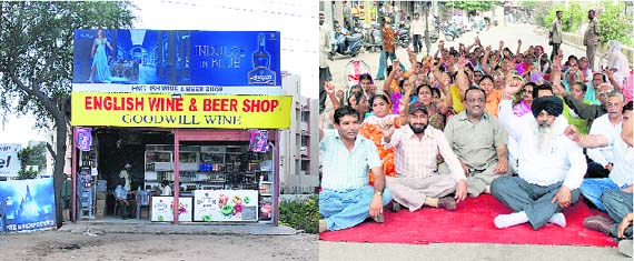 A liquor vend on the greenbelt behind the Municipal Corporation’s office; and (right) residents block a road in protest against a vend in Ludhiana on Friday.