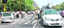 One of the cars damaged in a pileup at the Sector 16-17 traffic lights in Chandigarh