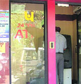 The door of Punjab National Bank ATM which miscreants tried to break open in Ludhina on Friday evening.
