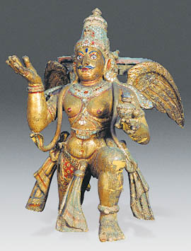 Silver polished wooden image of Garuda, Lord Vishnus vehicle