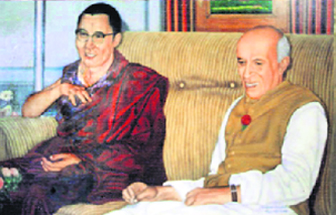 A painting of the meeting between Jawaharlal Nehru and the Dalai Lama in Mussoorie.