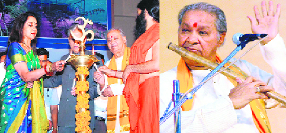 Bollywood actress Hema Malini lights the lamp at the Yogpeeth Patanjali Phase II celebrations in Haridwar and (right) Pt. Hari Prasad Chaurasia performs on the occasion.