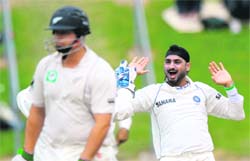 Harbhajan Singh celebrates after taking the wicket of New Zealand batsman Jesse Ryder