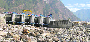 A view of downstream of Maneri Bhali-II on the Bhagirathi near Uttarkashi where the water flow is minimal.