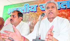 Ram Lal, BJP general secretary (organisation) addresses mediapersons in Dehradun on Tuesday.