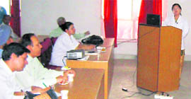 Dr Roopa Hanspal delivers a lecture at Guru Ram Rai Medical College in Dehradun on World Health Day on Tuesday.