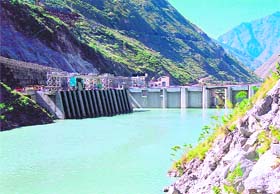 The dam at Nathpa from where water is diverted to the powerhouse at Jhakri through a 27.40-km long headrace tunnel