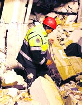 A rescue dog inspects the rubble of a collapsed house after an earthquake in Aquila on Tuesday.