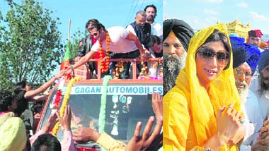 Actor Salman Khan triess to shake hands with a fan in Sarna near Pathankot; and (right) actress Shilpa Shetty in the Golden Temple Complex, Amritsar on Thursday.