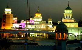 A brightly illuminated Takht Shri Damdama Sahib at Talwandi Sabo on Saturday ahead of the Baisakhi celebrations.