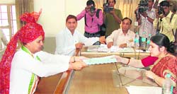 Congress nominee for the Gurgaon Lok Sabha seat Rao Inderjit Singh files his nomination papers in Gurgaon