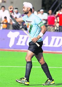 Sandeep Singh celebrates after he scored the first goal for India against Pakistan during the Sultan Azlan Shah Hockey tournament in Ipoh