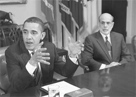 Federal Reserve chairman Ben Bernanke with US President Barack Obama in the Roosevelt Room of the White House in Washington
