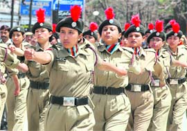 NCC cadets participate in a rehearsal for the forthcoming Himachal Day Parade, at the Ridge in Shimla on Sunday. 