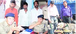 SSP Sanjay Gunjiyal and ASP Sweety Aggarwal with the three suspects at Ranipur police station; and (right) the bomb disposal squad with bhang seized at the bus station in Haridwar