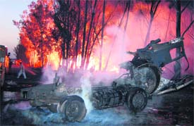 The remains of the LPG gas tanker that burst into flames on the NH-1 near Ambala in the wee hours on Monday