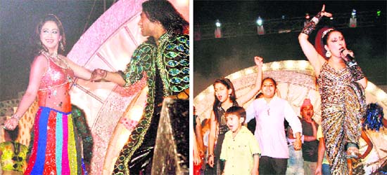 Bollywood actresses Preeti Jhangiani and (left) Sanobar Kabir perform during the Baisakhi celebrations at the Sutlej Club in Ludhiana