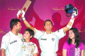 Master blaster Sachin Tendulkar, with his kids Arjun and Sara, in Mumbai on Monday at the unveiling of his wax statue, to be kept at the Madame Tussauds Studios in London