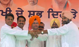 From left: Manish Tiwari (candidate for Ludhiana Lok Sabha seat), Vijay Inder Singla (candidate for Sangrur seat), Rahul Gandhi, general secretary, AICC, and Raninder Singh (candidate for Bathinda seat) during the political conference organised by the Congress at Takht Damdama Sahib in Talwandi Sabo on Tuesday