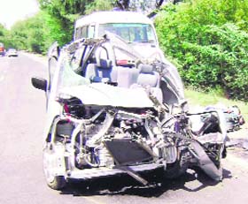 The mangled remains of a car that met with an accident near Kharakheri in Fatehabad