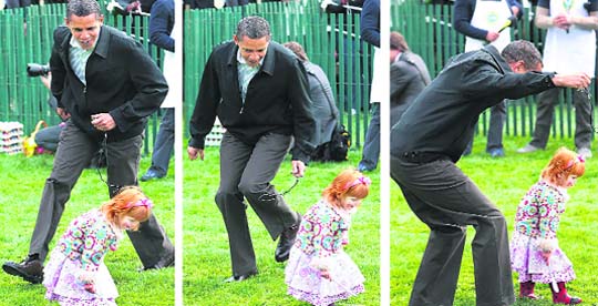 US President Barack Obama gets involved in the action, in this combo photo, as he races around and cheers a young child on as she takes part in the annual Easter Egg Roll at the White House in Washington