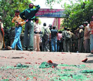 Bhajanpura police station that was vandalised by an angry mob on Thursday.