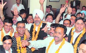 Candidates celebrate their victory in the District Bar Association elections in Chandigarh