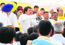 HJC (BL) chief Kuldeep Bishnoi addresses a rally in Kurukshetra on Friday.