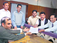 BSP candidate Narinder Singh Pathania filing his nomination papers from the Kangra parliamentary constituency at Dharamsala on Friday.