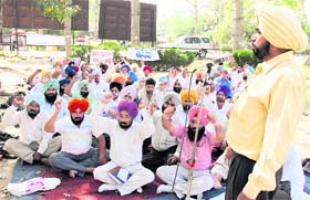 Members of the Revenue Patwar Union, Ludhiana, stage a protest against the police