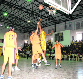 Players in action at the 23rd Golden Jubilee Basketball Tournament at Welham Boys School, Dehradun, on Sunday.