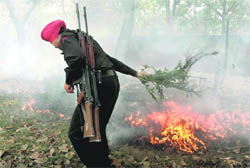 A policeman tries to put out the blaze that engulfed bushes on the premises of Government Museum and Art Gallery in Chandigarh on Monday