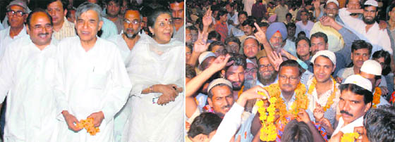 Congress leader Ambika Soni with Pawan Kumar Bansal during a ‘padyatra’ in Chandigarh on Monday; and (right) Muslim voters welcome BJP candidate Satya Pal Jain.