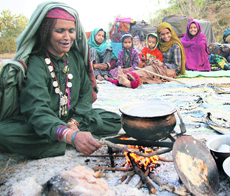 On their way to higher reaches, nomads cook meals on the roadside on the outskirts of Jammu.