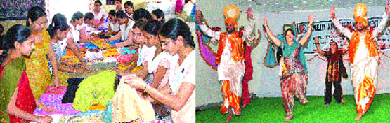 (Left) Girls purchase suits at an exhibition in Government Girls Senior Secondary School, Nehru Garden, in Jalandhar on Tuesday.  (Right) Students of the Apeejay Institute of Management perform Bhangra during the annual function at Rama Mandi in Jalandhar.
