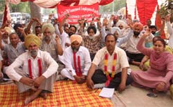 Members of the Punjab Subordinate Services Federation sitting on a hunger strike to press for their demands outside the DC office in Bathinda