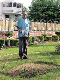 Even as the city has started facing shortage of water with the onset of summers, there is reckless wastage of water (a lawn being watered in a Sector 18 house)