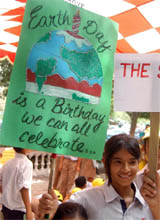 FOR PLANET MOTHER: Schoolchildren create awareness regarding environmental issues to mark Earth Day in Gurgaon on Wednesday