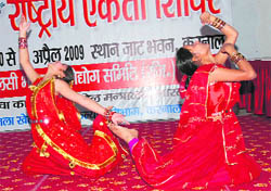 Participants from UP present an item during a national unity camp organised by the Tulsi Bhagat Gramudyog Samiti in Karnal on Wednesday