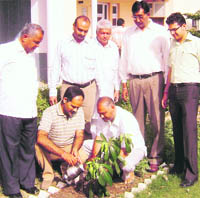 Office-bearers of social organisations plant a sapling at a school in Ahmedgarh on Wednesday.