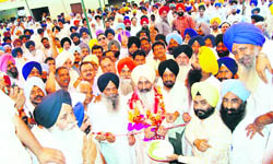 Akali workers at the opening of an office of Gurcharan Singh Galib at Raikot on Wednesday.