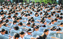 Students of BCM Arya Model School pledge to save the earth in Ludhiana on Wednesday.