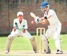 Ludhiana batsman plays a shot on the first day of the match against Amritsar at MGM Public School, Dugri, Ludhiana, on Thursday.