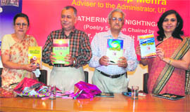 Pardeep Mehra releases books of poetry and shoft stories, along with Harinderjit Kaur, DS Gupt and Manju, during a book release function organised by the Chandigarh Sahitya Akademi on Friday.