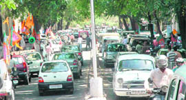 The traffic snarl at the Sector 17 road in Chandigarh on Friday.