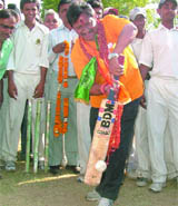 Chetan Chauhan campaigns in West Delhi on Saturday.