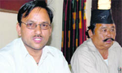 Gorkha leader Samsher Bahadur, who is contesting as an Independent, with Buddhi Singh Rana, another community leader, in Haridwar on Saturday.