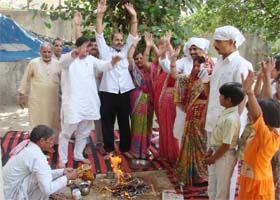 Devotees perform havan on the occasion of Parshuram Jayanti at Sector-38 in Gurgaon