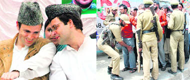 Congress general secretary Rahul Gandhi and Jammu and Kashmir Chief Minister Omar Abdullah exchange notes during an election rally at Anantnag on Monday; and  cops frisk Congress supporters at the rally venue.