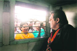 Vinod Khanna talks to young fans at Pathankot railway station in Gurdaspur district on Monday.